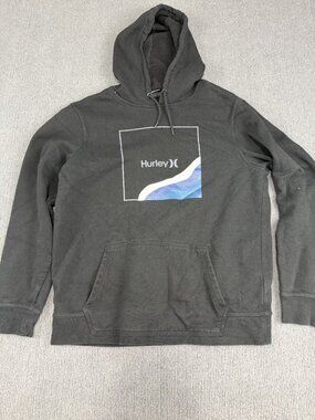 Hurley Mens Black Graphic Logo Pullover Hoodie Kangaroo Pocket Sweatshirt L